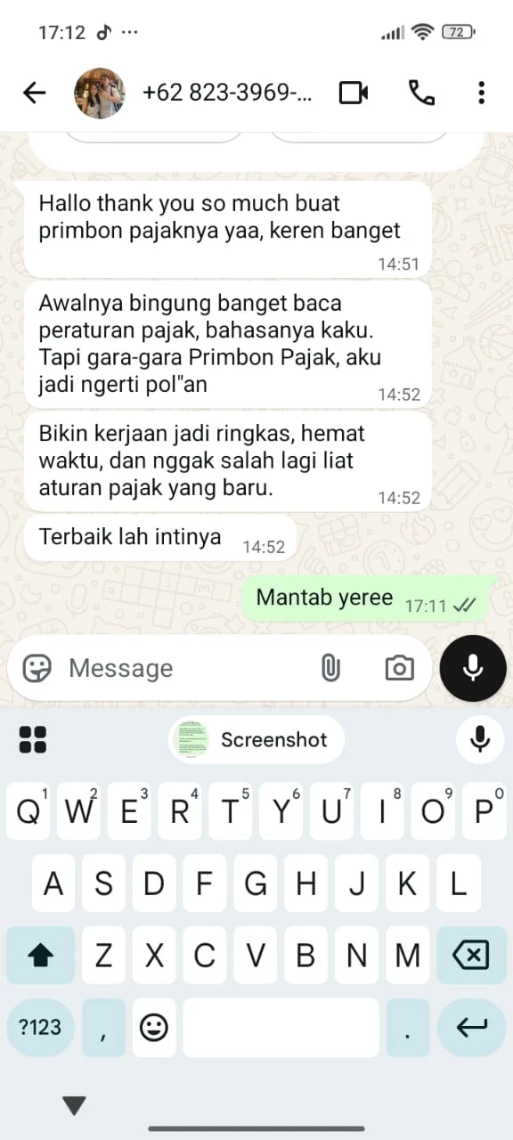 Screenshot percakapan WhatsApp · Pengguna Primbon Pajak · hemat waktu baca aturan