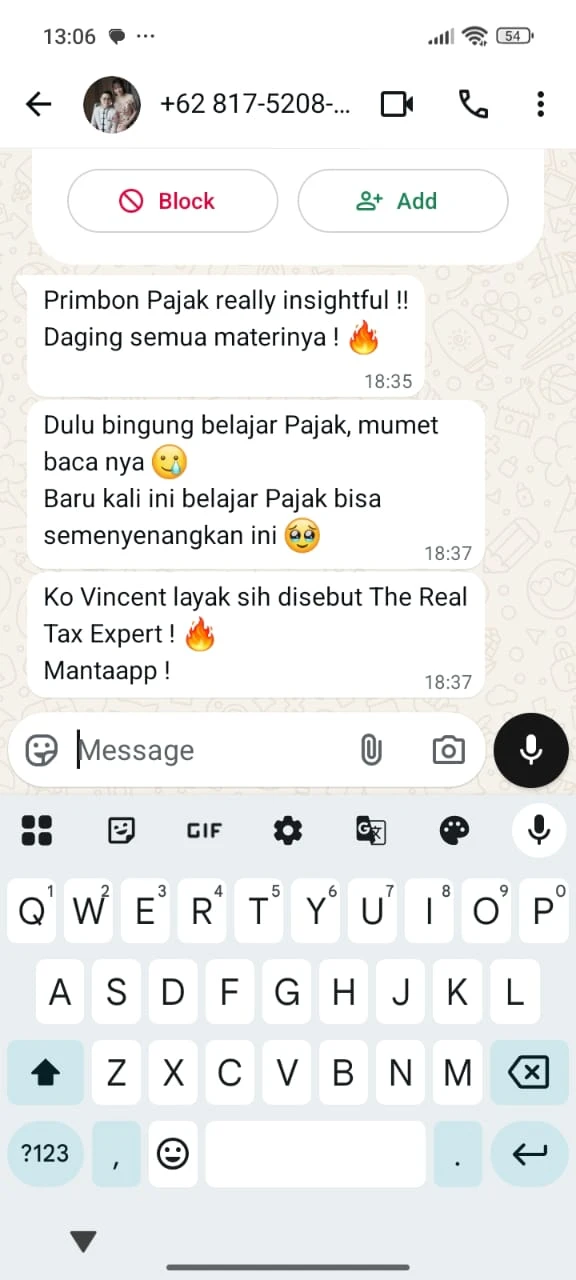 Screenshot percakapan WhatsApp · Pengguna Primbon Pajak · materi yang mudah dicerna
